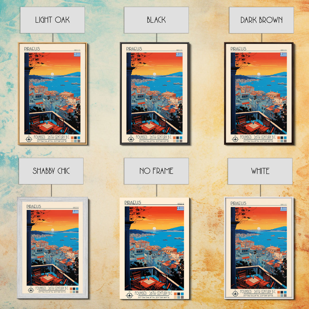 Piraeus Greece Travel Poster Framed Canvas Print, Midcentury Modern Art, Pop Art Wall Decor, Scenic Wall Art, Living Room Decoration, Office Art