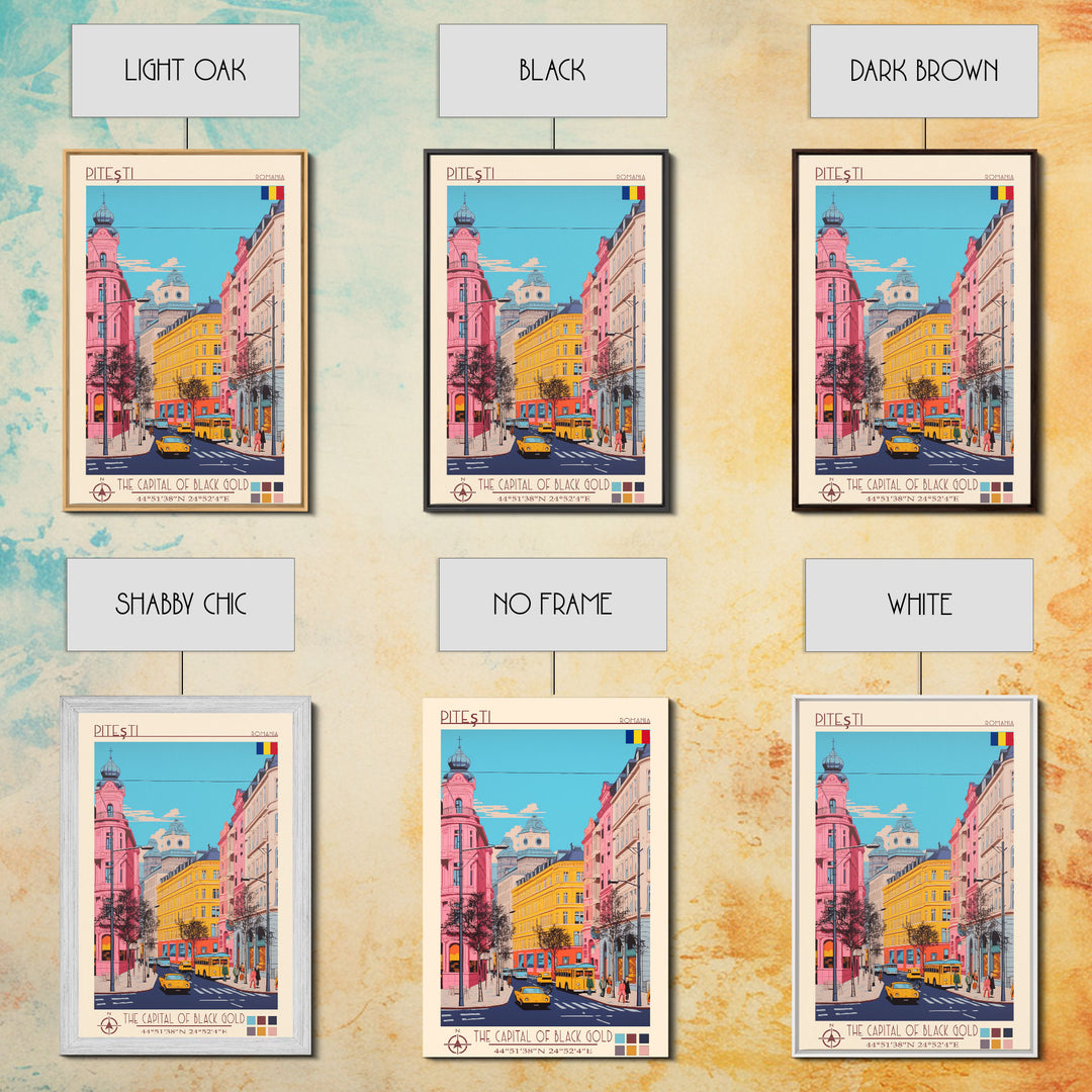 Pitești Romania Travel Poster Framed Canvas Print, Midcentury Modern Art, Pop Art Wall Decor, Home Decor, Vacation Gift, Bedroom Art