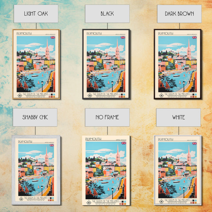 Plymouth United Kingdom Travel Poster Framed Canvas Print, Midcentury Modern Art, Pop Art Wall Decor, Scenic Bedroom Art, Office Decoration