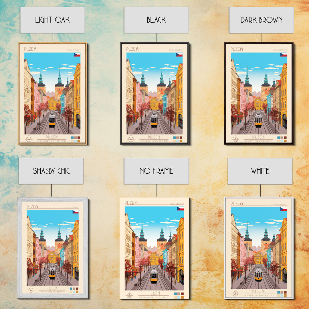 Plzeň Czech Republic Travel Poster Framed Canvas Print, Midcentury Modern Art, Pop Art Wall Decor, Scenic Living Room Art, Bedroom Decor