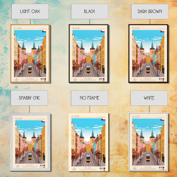 Plzeň Czech Republic Travel Poster Framed Canvas Print, Midcentury Modern Art, Pop Art Wall Decor, Scenic Living Room Art, Bedroom Decor