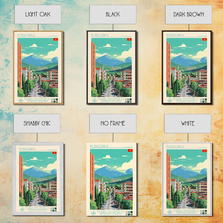 Podgorica Montenegro Travel Poster Framed Canvas Print, Vintage Style, Pop Art Home Decor, Scenic Wall Art, Bedroom Decoration, Office Gift