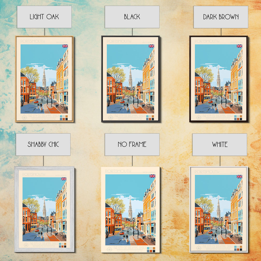 Portsmouth United Kingdom Travel Poster Framed Canvas Print, Midcentury Modern Art, Pop Art Wall Decor, Scenic Wall Art, Bedroom Decoration