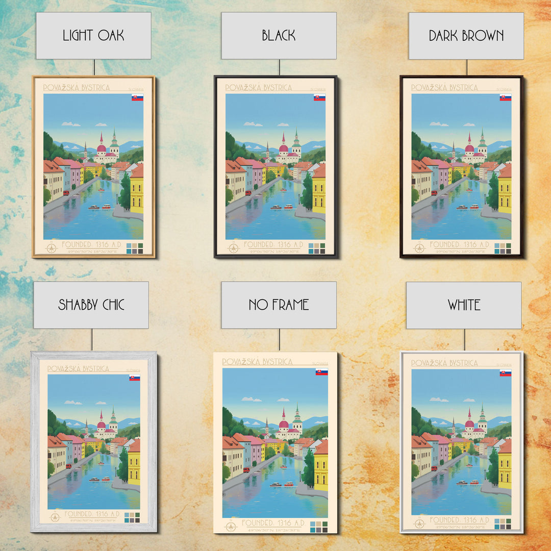 Považská Bystrica Slovakia Travel Poster Framed Canvas Print, Midcentury Modern Art, Pop Art Wall Decor, Scenic Wall Art, Living Room Decoration, Office Art