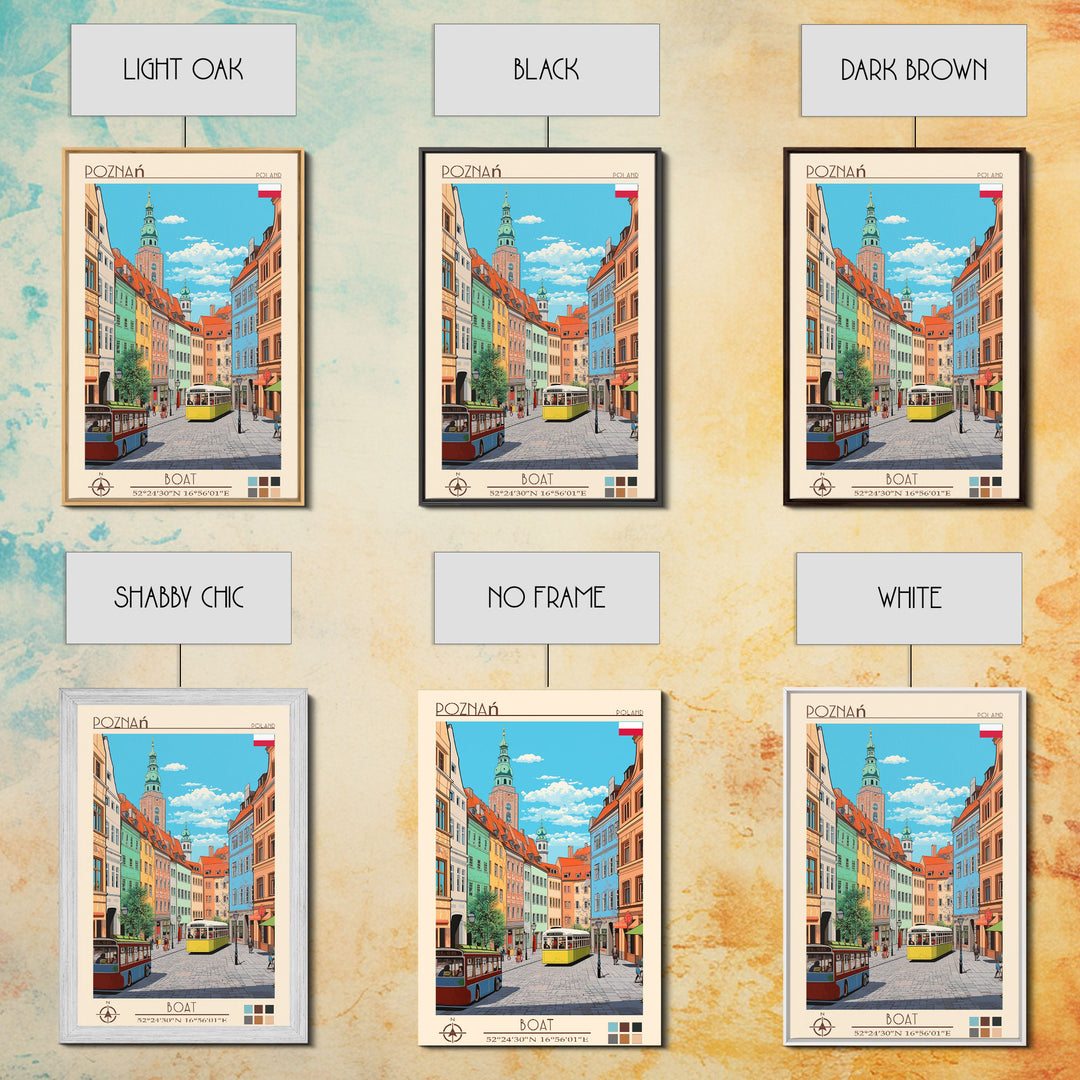 Poznań Poland Travel Poster Framed Canvas Print, Midcentury Modern Art, Pop Art Wall Decor, Scenic Bedroom Art, Office Decoration