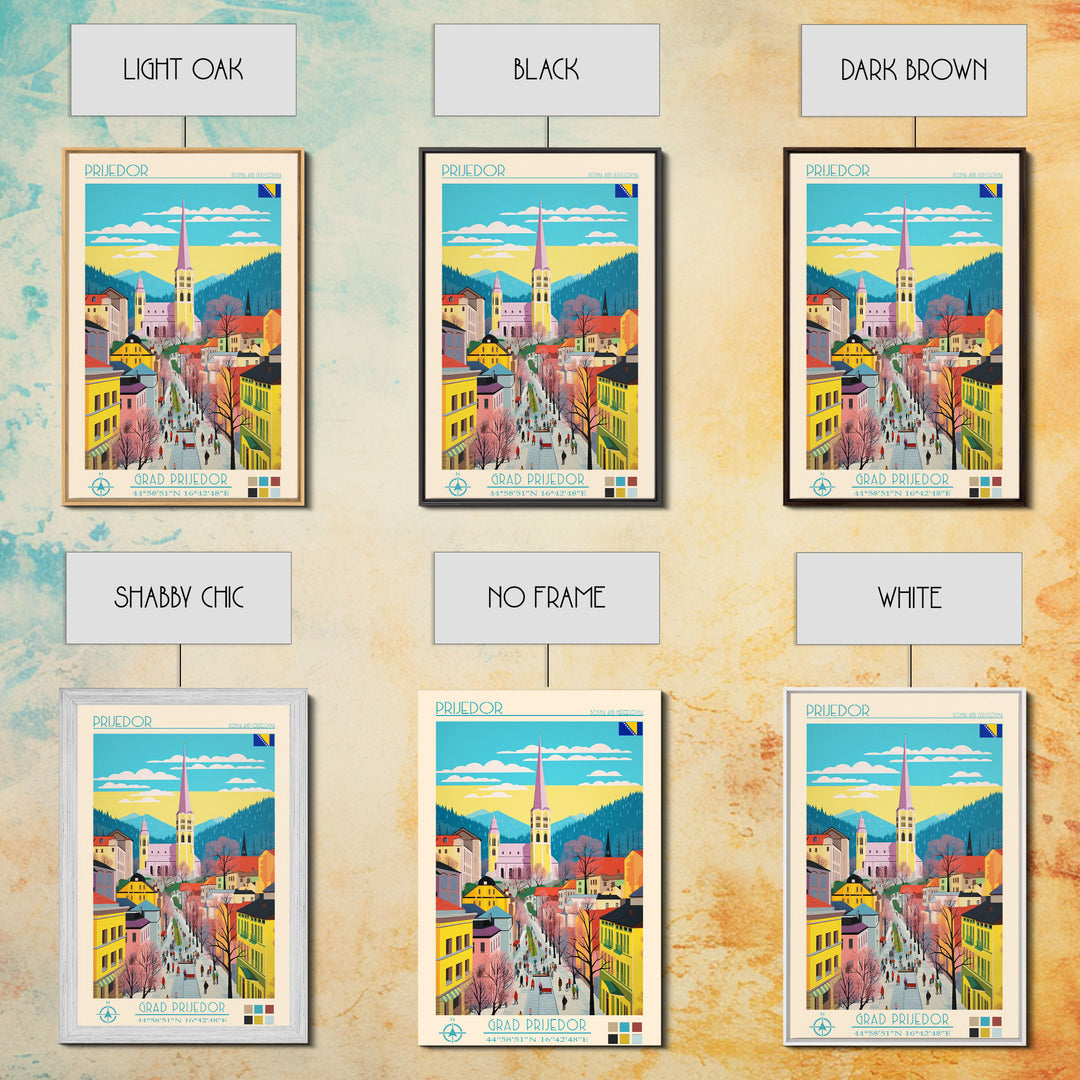 Prijedor Bosnia and Herzegovina Travel Poster Framed Canvas Print, Midcentury Modern Art, Pop Art Wall Decor, Home Decor, Vacation Gift, Bedroom Art