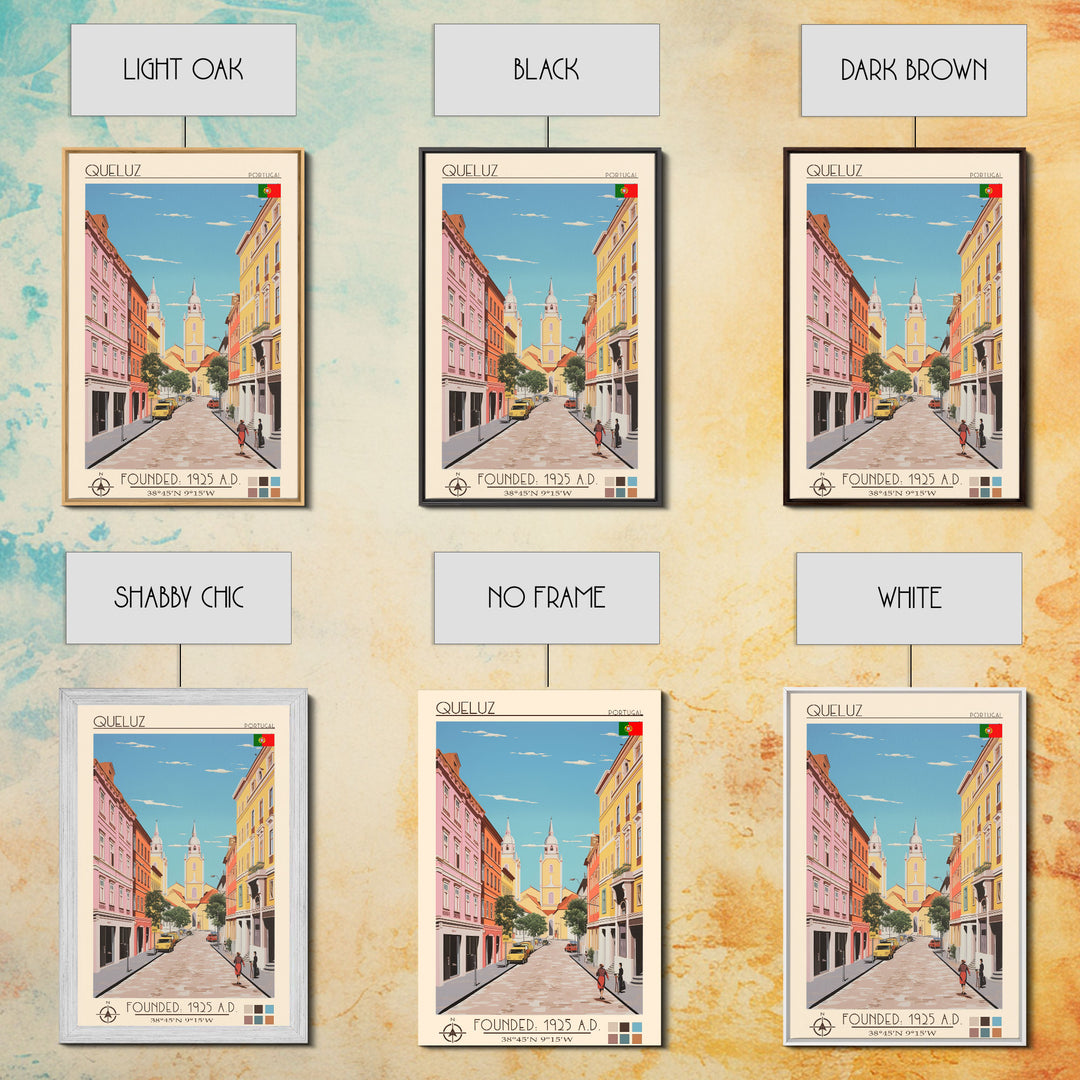 Queluz Portugal Travel Poster Framed Canvas Print, Midcentury Modern Art, Pop Art Wall Decor, Scenic Bedroom Art, Office Decoration