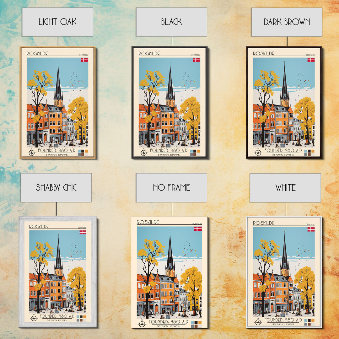 Roskilde Denmark Travel Poster Framed Canvas Print, Midcentury Modern Art, Pop Art Wall Decor, Scenic Living Room Art, Bedroom Gift