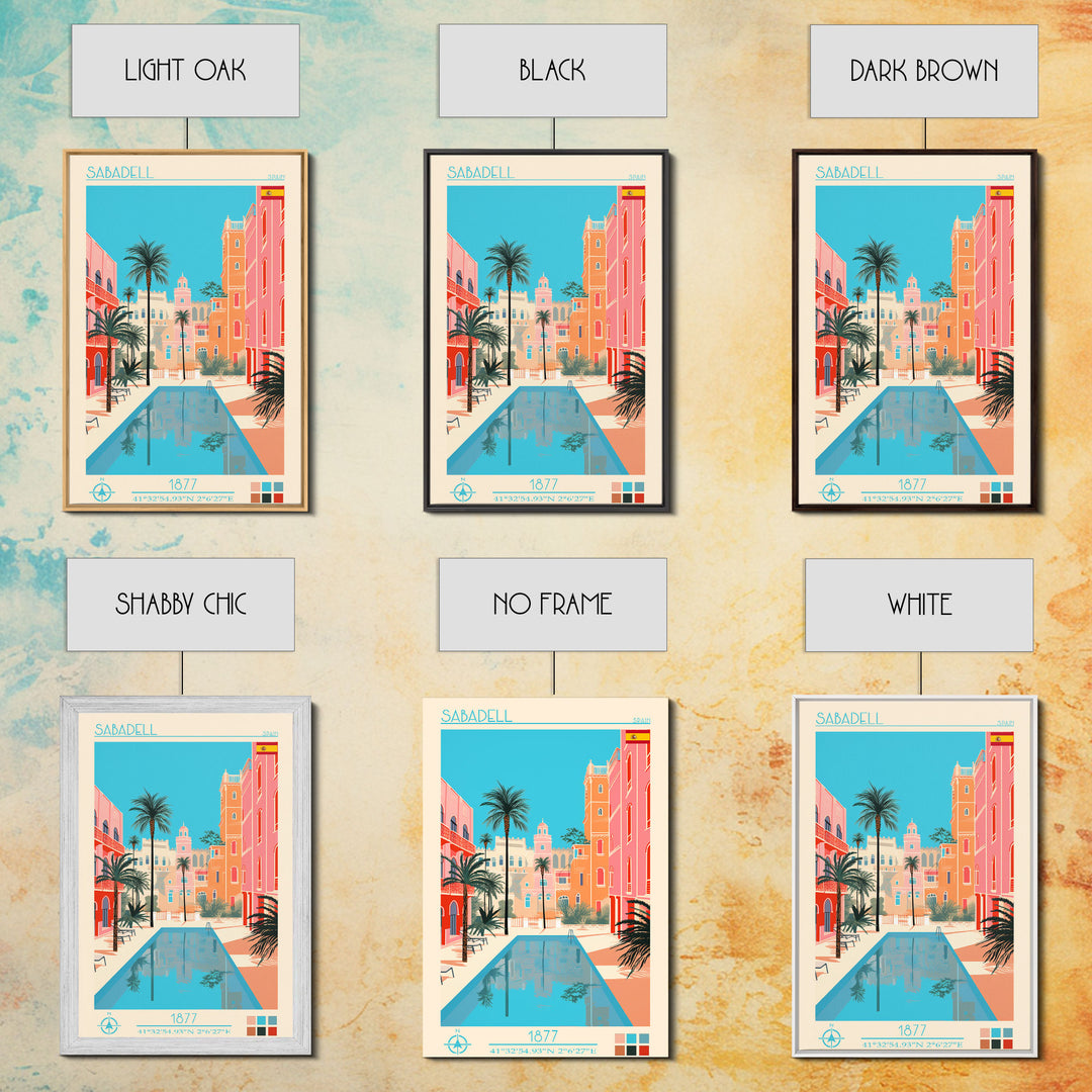Sabadell Spain Travel Poster Framed Canvas Print, Midcentury Modern Art, Pop Art Wall Decor, Home Decor, Vacation Gift, Office Art