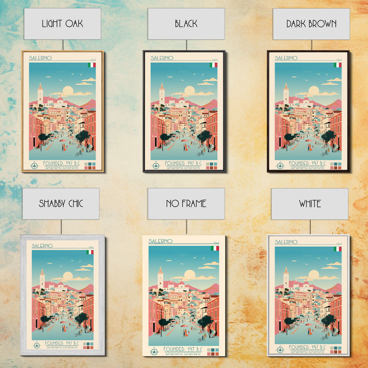 Salerno Italy Travel Poster Framed Canvas Print, Midcentury Modern Art, Pop Art Wall Decor, Home Decor, Office Gift, Living Room Art