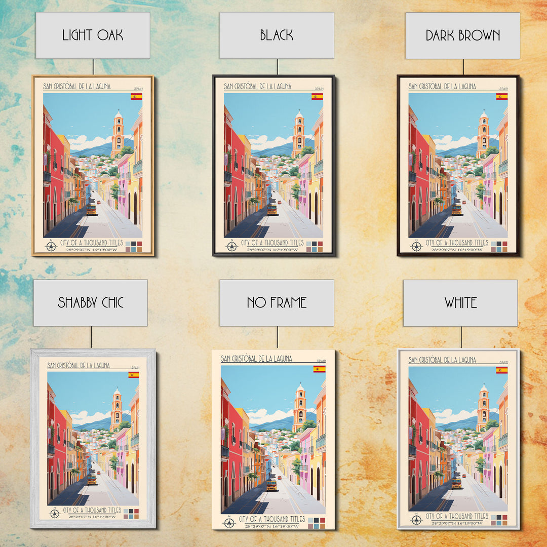 San Cristóbal de La Laguna Spain Travel Poster Framed Canvas Print, Midcentury Modern Art, Pop Art Wall Decor, Bedroom Decor, Scenic Art