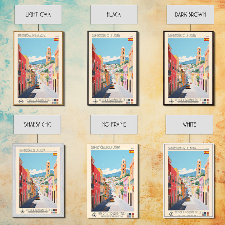 San Cristóbal de La Laguna Spain Travel Poster Framed Canvas Print, Midcentury Modern Art, Pop Art Wall Decor, Bedroom Decor, Scenic Art