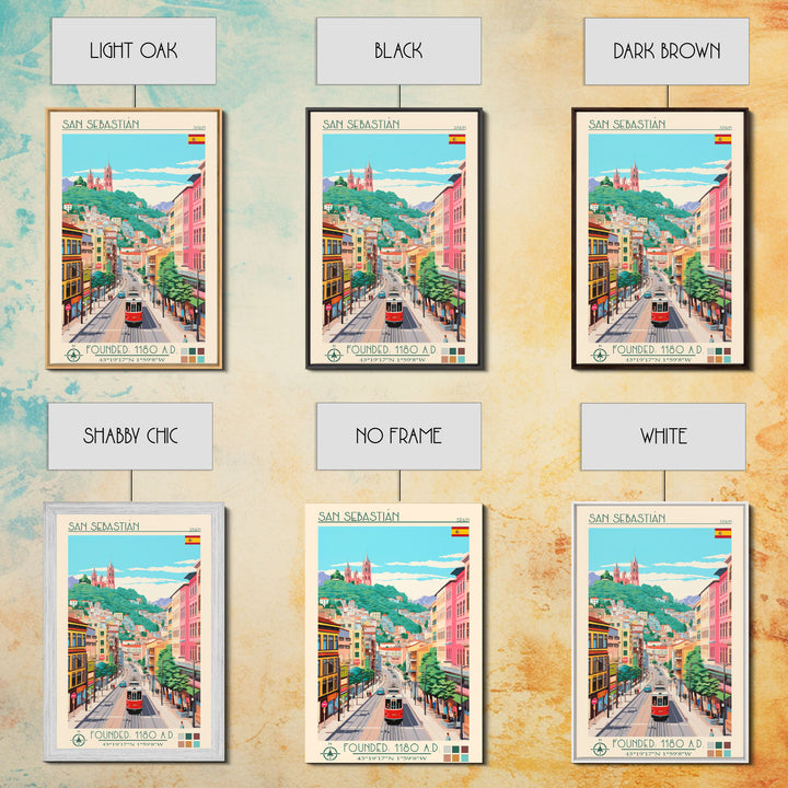 San Sebastian Spain Travel Poster Framed Canvas Print, Midcentury Modern Art, Pop Art Wall Decor, Home Decor, Office Art