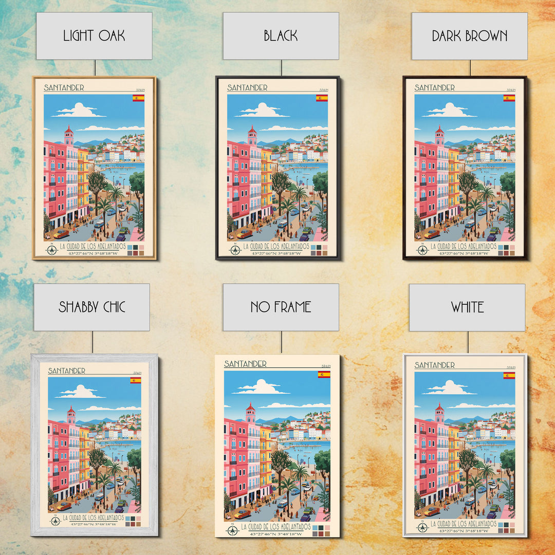 Santander Spain Travel Poster Framed Canvas Print, Midcentury Modern Art, Pop Art Wall Decor, Scenic Wall Art, Vacation Gift