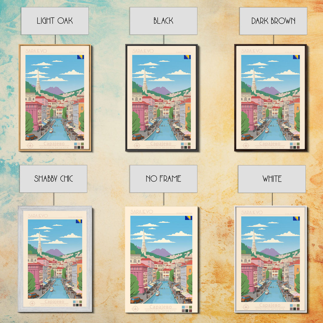 Sarajevo Bosnia and Herzegovina Travel Poster Framed Canvas Print, Midcentury Modern Art, Pop Art Wall Decor, Home Decor, Office Decoration