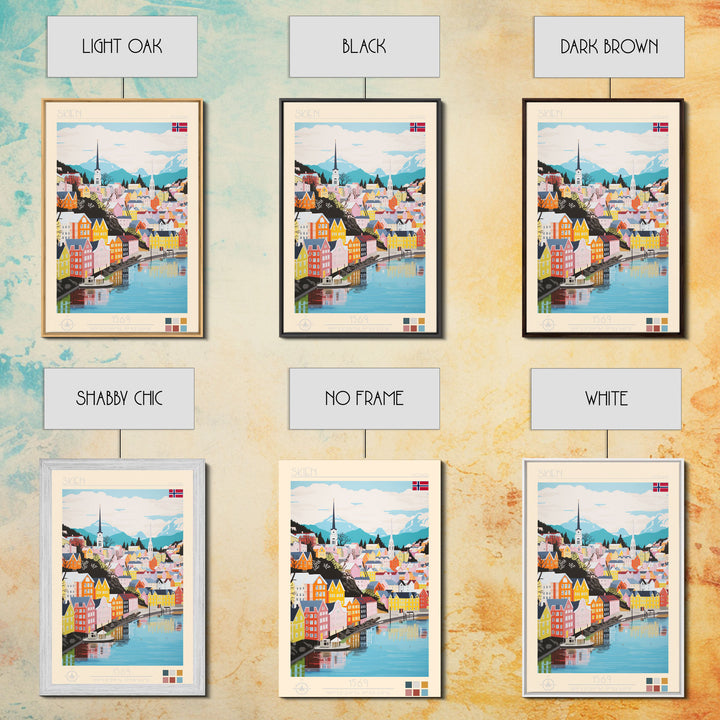 Skien Norway Travel Poster Framed Canvas Print, Midcentury Modern Art, Pop Art Wall Decor, Scenic Wall Art, Bedroom Art