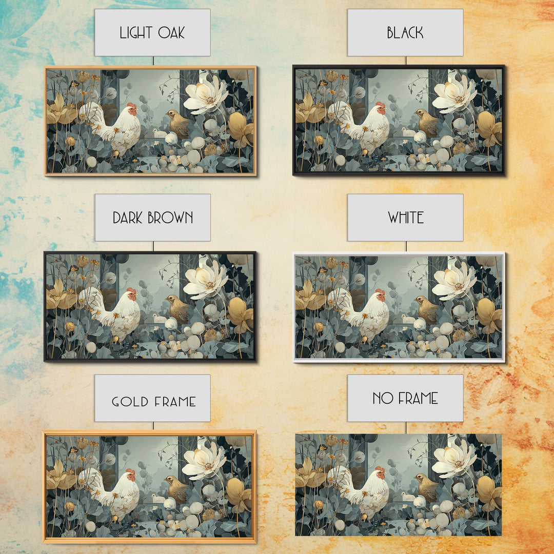 Chicken Family in a Garden Patch Framed Canvas Print, Farmhouse Art, Sage Green Wall Art, Farmhouse Decor, Fine Art, Harvest, FAR-2x1-11