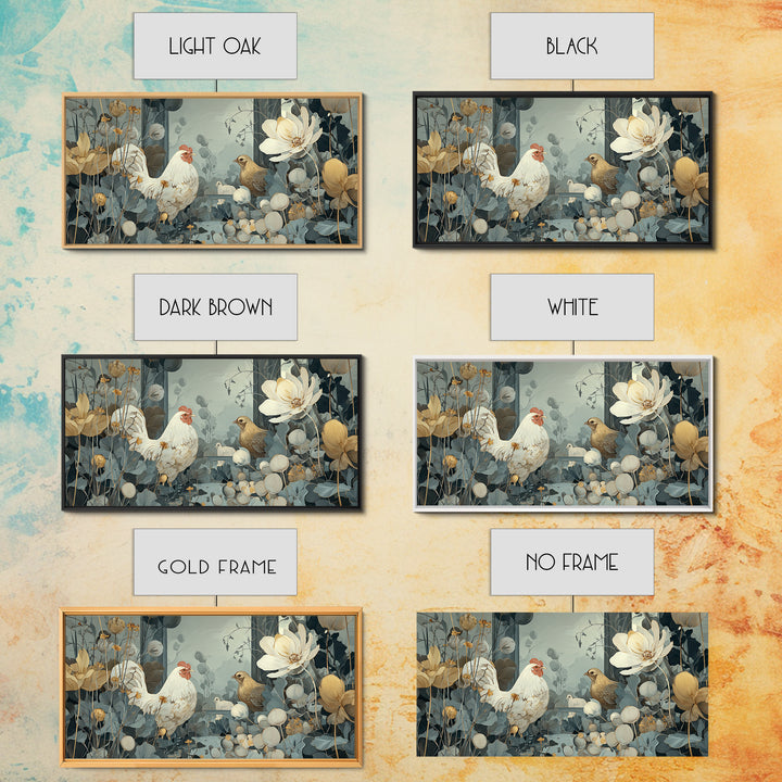 Chicken Family in a Garden Patch Framed Canvas Print, Farmhouse Art, Sage Green Wall Art, Farmhouse Decor, Fine Art, Harvest, FAR-2x1-11