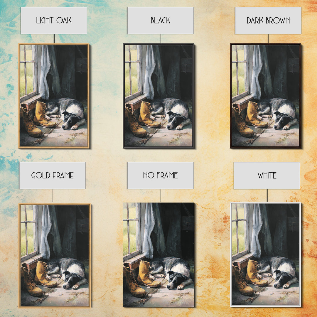 Farm Dog Lying Beside Weathered Boots Framed Canvas Print, Farmhouse Art, Wall Decor, Farmhouse Decor, Abstract Art, Harvest, FAR-2x3-17