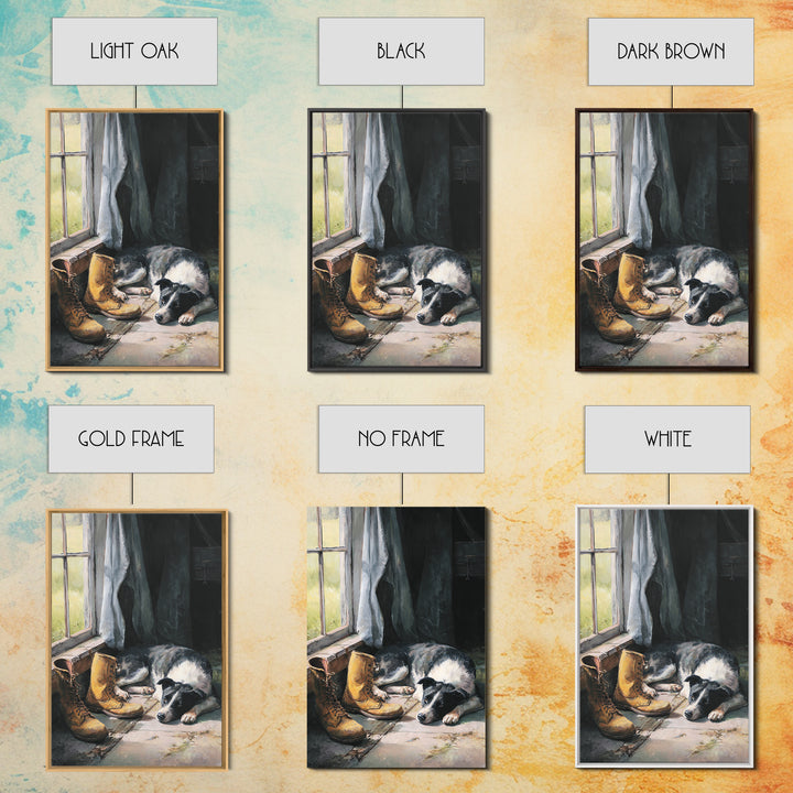 Farm Dog Lying Beside Weathered Boots Framed Canvas Print, Farmhouse Art, Wall Decor, Farmhouse Decor, Abstract Art, Harvest, FAR-2x3-17