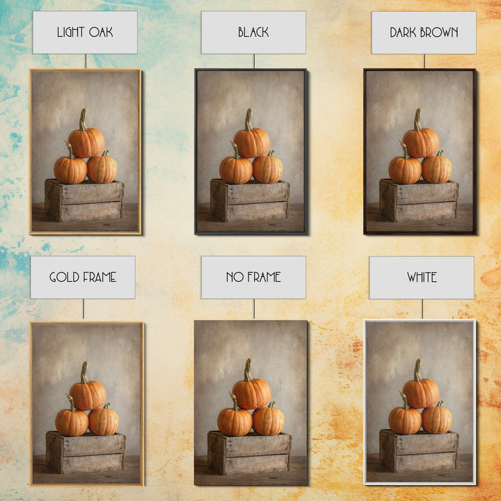 Pumpkins Stacked on a Wooden Crate Framed Canvas Print, Farmhouse Art, Contemporary Art, Farmhouse Decor, Oil Painting, Harvest, FAR-2x3-21