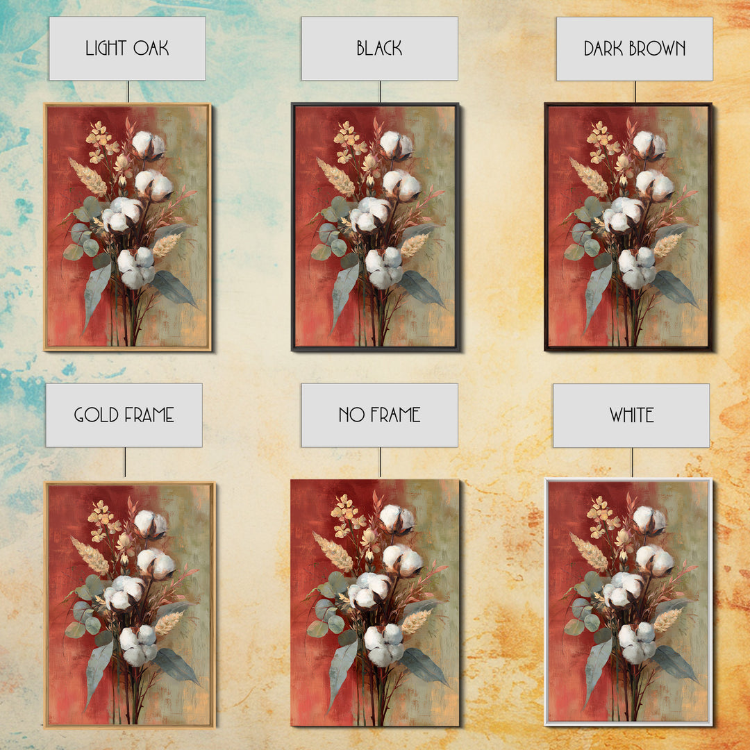 Farmhouse Wreath of Cotton Stems and Eucalyptus Framed Canvas Print, Farmhouse Art, Farmhouse Decor, Fine Art, Harvest, FAR-2x3-28