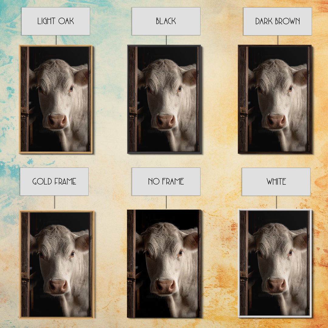 White Cow Portrait Framed Canvas Print, Farmhouse Art, Printable Wall Art, Farmhouse Decor, Fine Art, Harvest, Black Wall Art, FAR-2x3-33