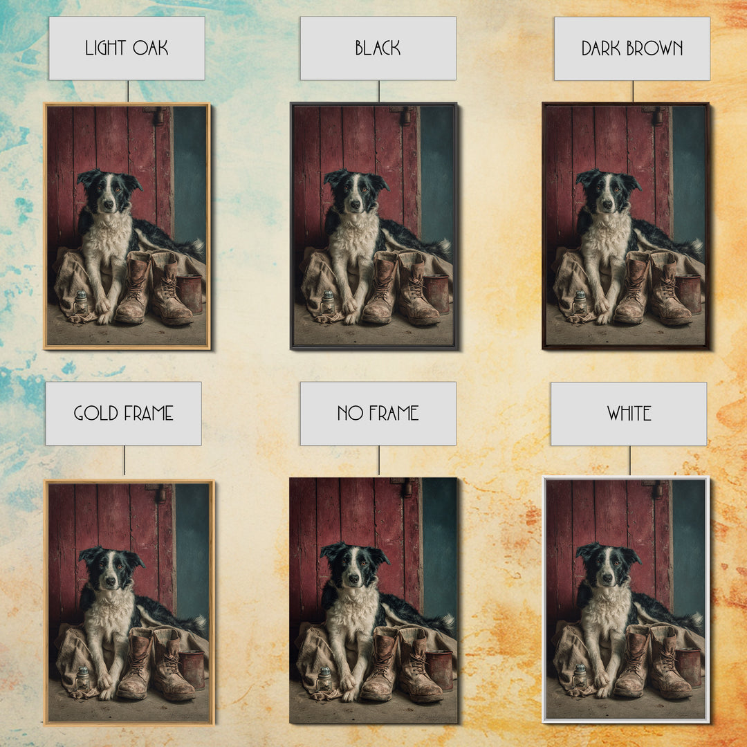 Farm Dog Lying Beside Weathered Boots Framed Canvas Print, Farmhouse Art, Wall Decor, Farmhouse Decor, Abstract Art, Harvest, FAR-2x3-41