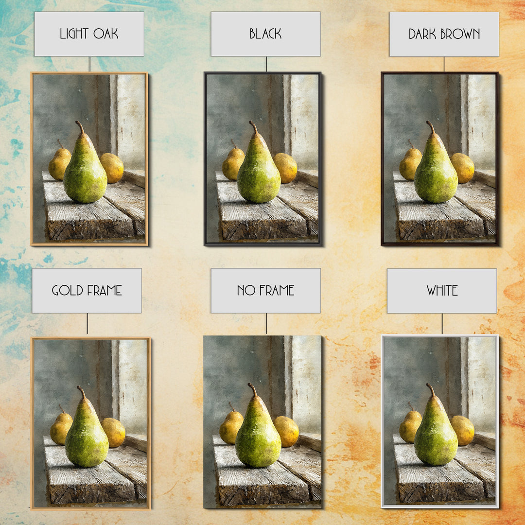 Rustic Pear Still Life on Plank Wood Framed Canvas Print, Farmhouse Art, Room Decor, Farmhouse Decor, Oil Painting, Harvest, FAR-2x3-51