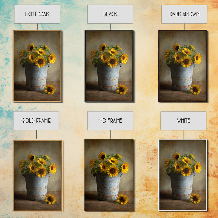 Sunflowers in a Galvanized Metal Bucket Framed Canvas Print, Farmhouse Art, Art, Farmhouse Decor, Watercolor Art, Harvest, FAR-2x3-59