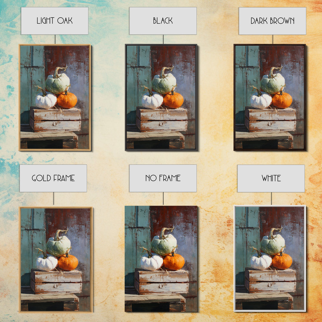 Pumpkins Stacked on a Wooden Crate Framed Canvas Print, Farmhouse Art, Digital Print, Farmhouse Decor, Fine Art, Harvest, FAR-2x3-69