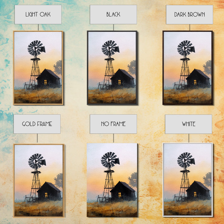Windmill Silhouette at Sunset Framed Canvas Print, Farmhouse Art, Printable Art, Farmhouse Decor, Harvest, Landscape Painting, FAR-2x3-73