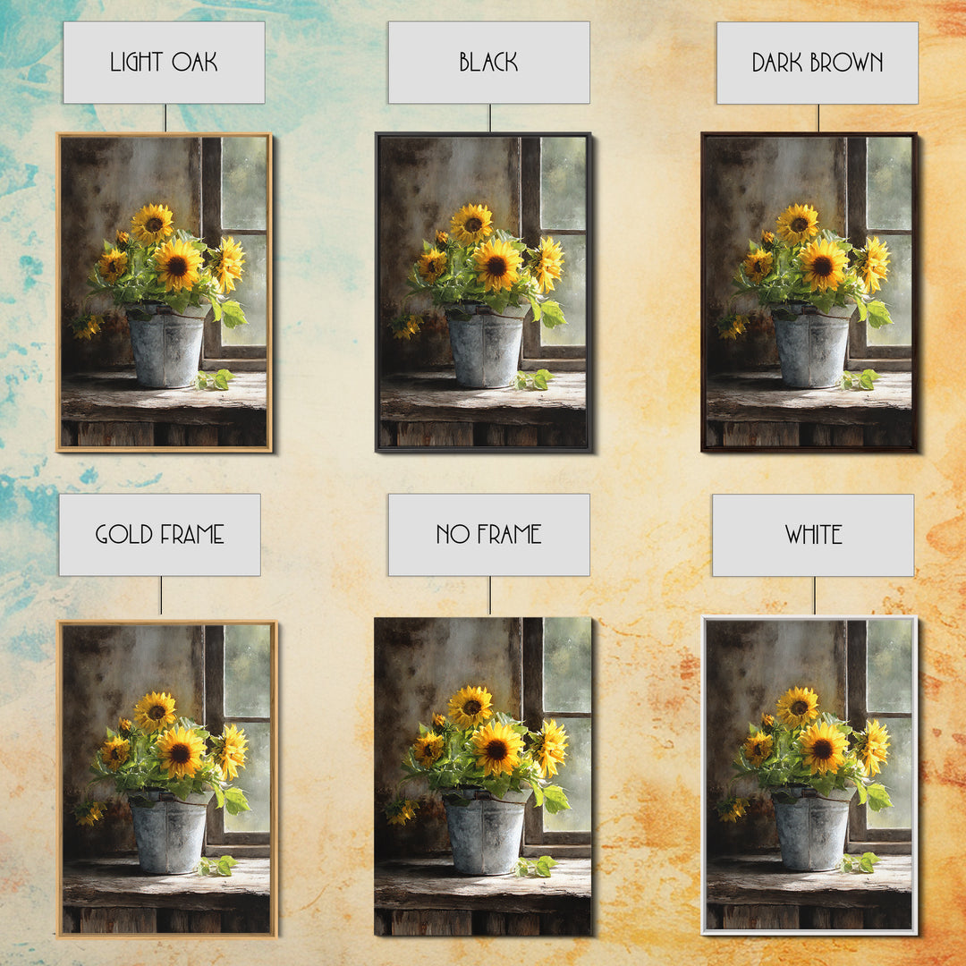 Sunflowers in a Galvanized Metal Bucket Framed Canvas Print, Farmhouse Art, Living Room Decor, Farmhouse Decor, Harvest, FAR-2x3-83