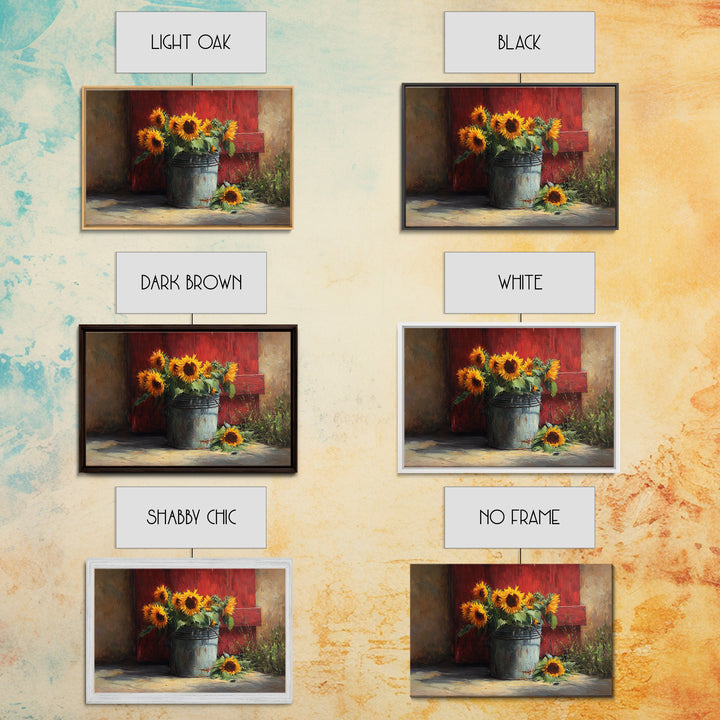 Sunflowers in a Galvanized Metal Bucket Framed Canvas Print, Farmhouse Art, Home Decor, Farmhouse Decor, Fine Art, Harvest, FAR-3x2-7