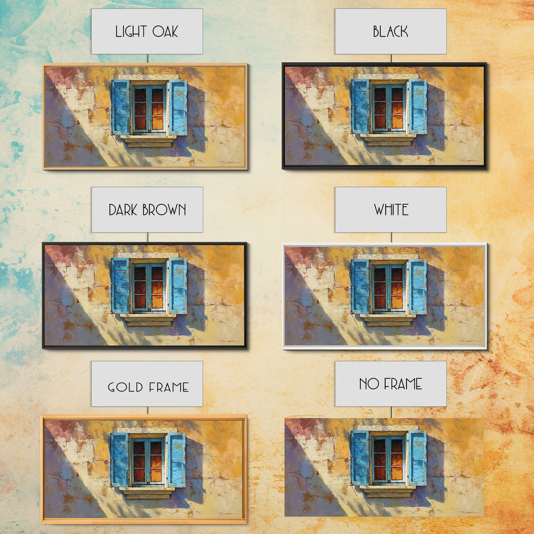Weathered Window with Blue Shutters Framed Canvas Print, French Country Art, Boho Decor, Farmhouse Decor, Abstract Art, Country, FCA-2x1-65