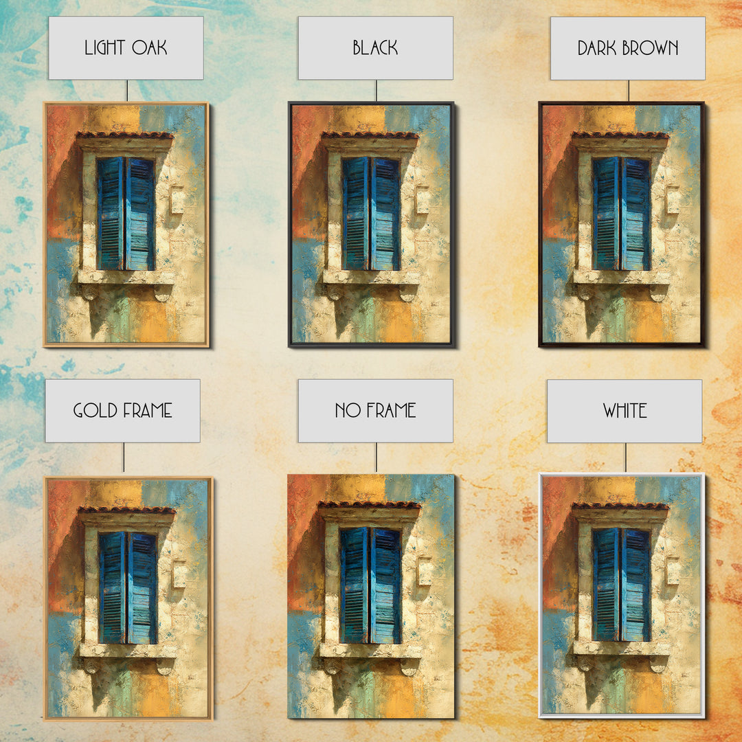 Weathered Window with Blue Shutters Framed Canvas Print, French Country Art, Boho Decor, Farmhouse Decor, Oil Painting, Country, FCA-2x3-53