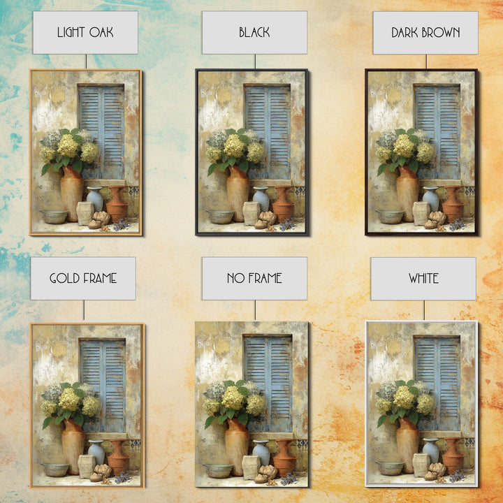 Soft Hydrangeas Beside Antique Shutters Framed Canvas Print, French Country Art, Neutral Decor, Farmhouse Decor, Country, FCA-2x3-88