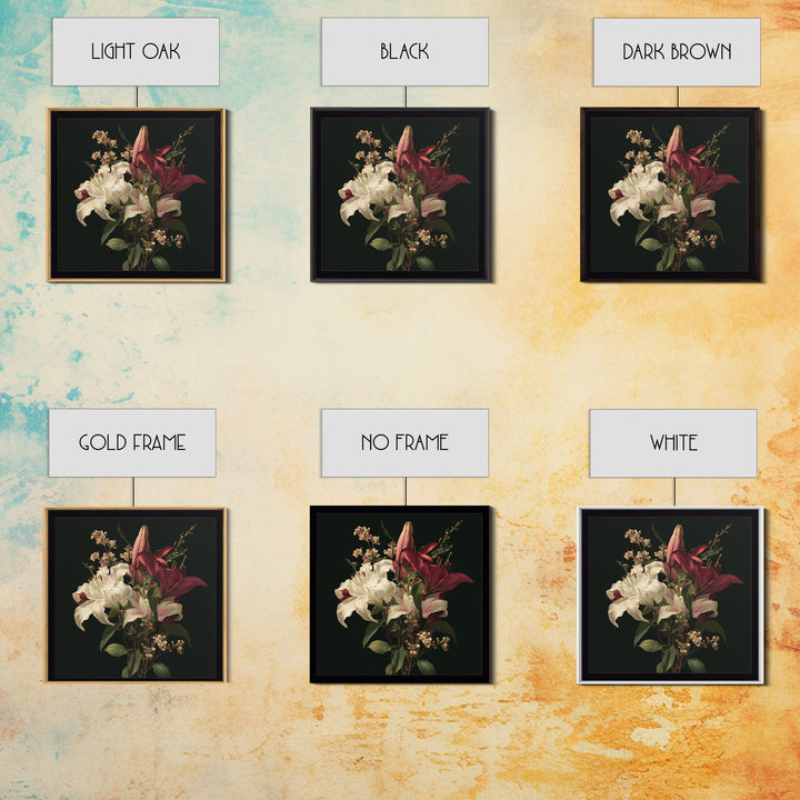 Lily Bouquet with Dramatic Dark Background Framed Canvas Print, Floral Art, Dark Academia Decor, Living Room Decor, Bloom, FLO-1x1-44