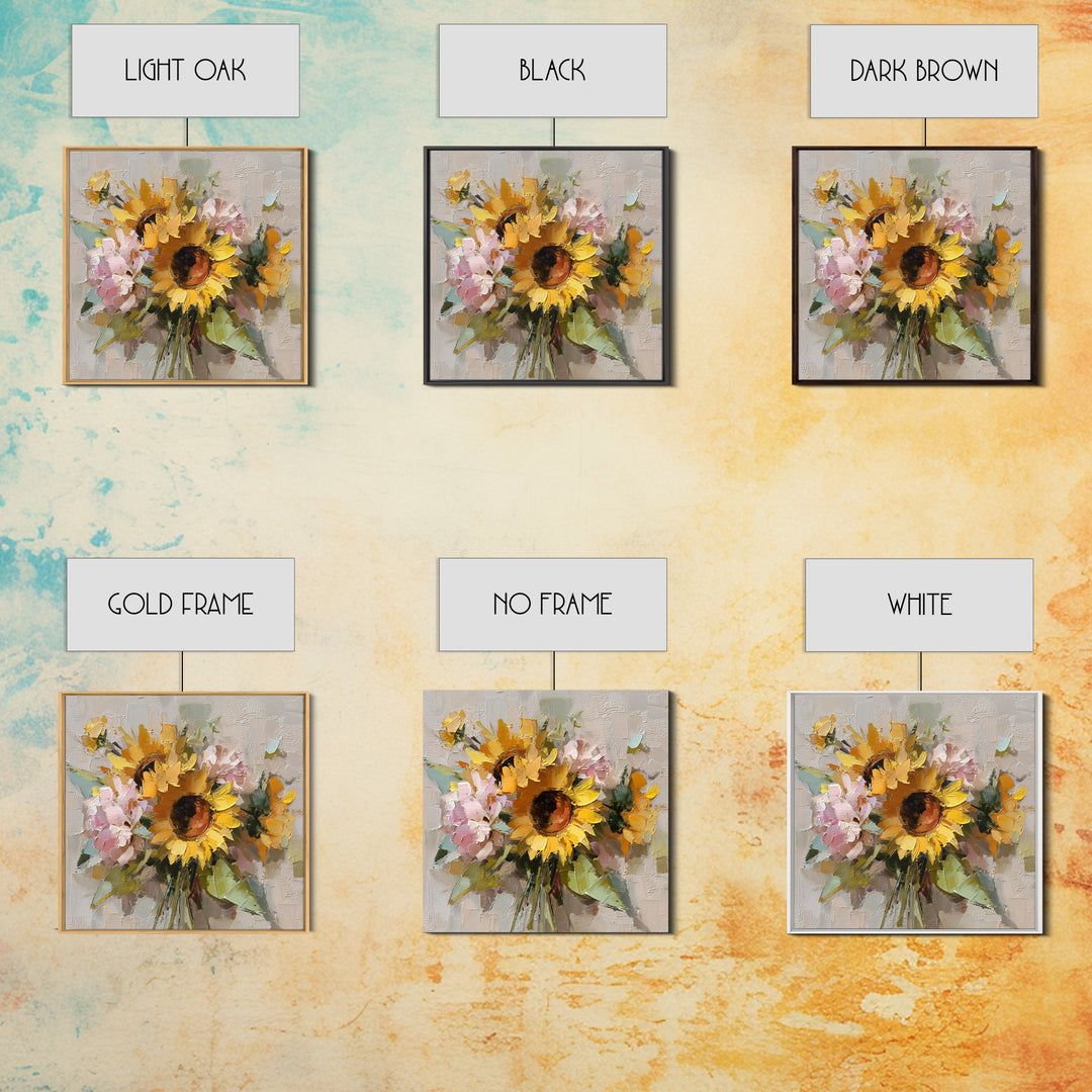 Sunflower Bouquet in Bold Golden Tones Framed Canvas Print, Floral Art, Textured Painting, Living Room Decor, Fine Art, Bloom, FLO-1x1-53