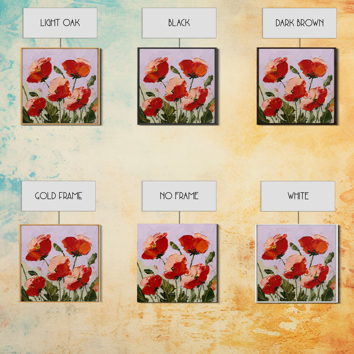 Poppy Field with Red Petals and Green Framed Canvas Print, Floral Art, Printable, Living Room Decor, Oil Painting, Bloom, FLO-1x1-8