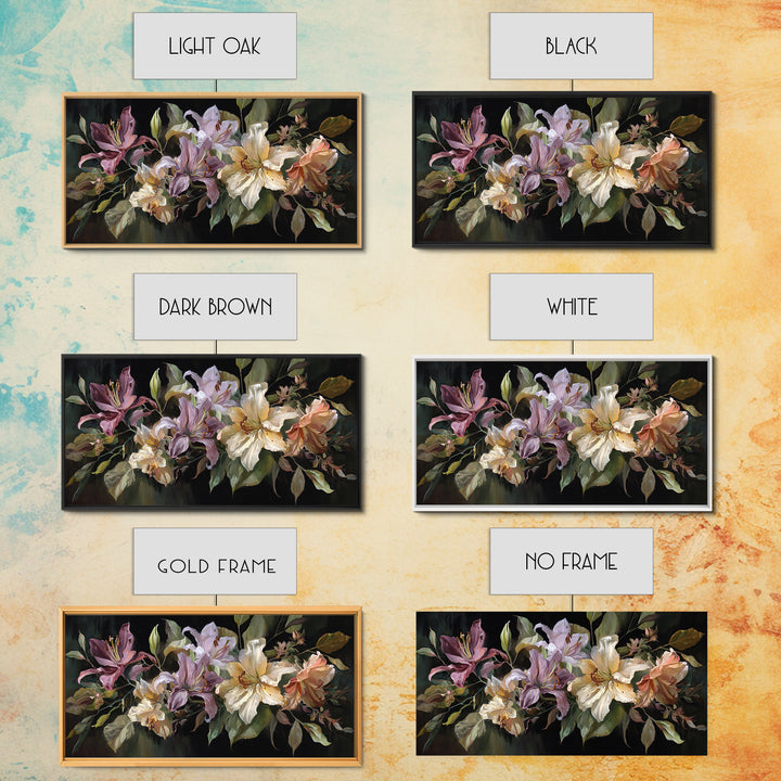 Lily Bouquet with Dramatic Dark Background Canvas Print, Floral Art, Printable, Living Room Decor, Oil Painting, Bloom, FLO-2x1-64