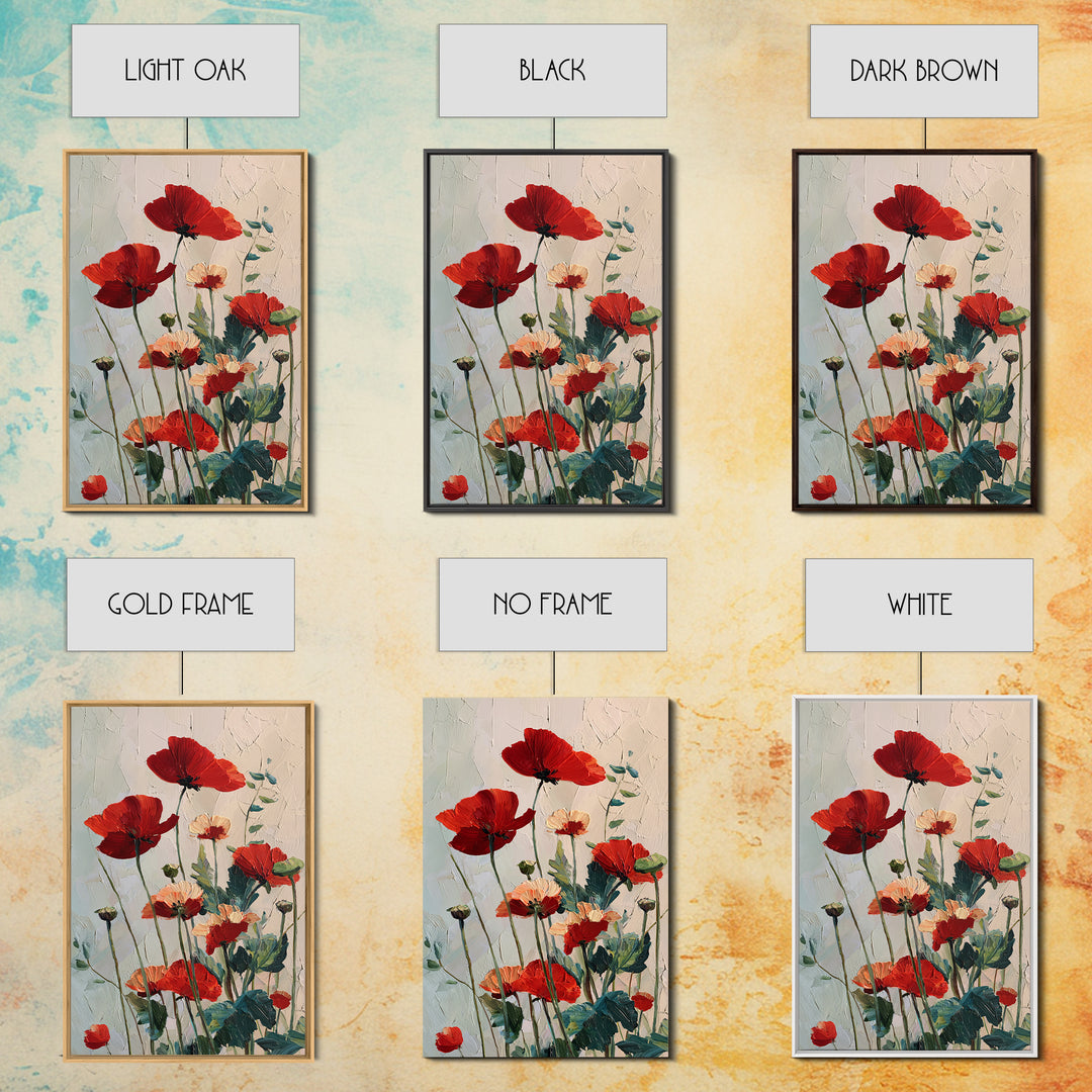 Poppy Field with Red Petals and Green Framed Canvas Print, Floral Art, Art Nouveau Decor, Living Room Decor, Fine Art, Bloom, FLO-2x3-88