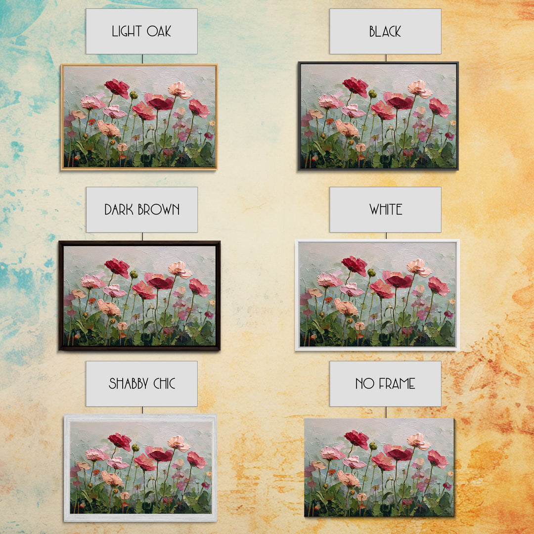 Poppy Field with Red Petals and Green Framed Canvas Print, Floral Art, Textured Painting, Living Room Decor, Fine Art, Bloom, FLO-3x2-60
