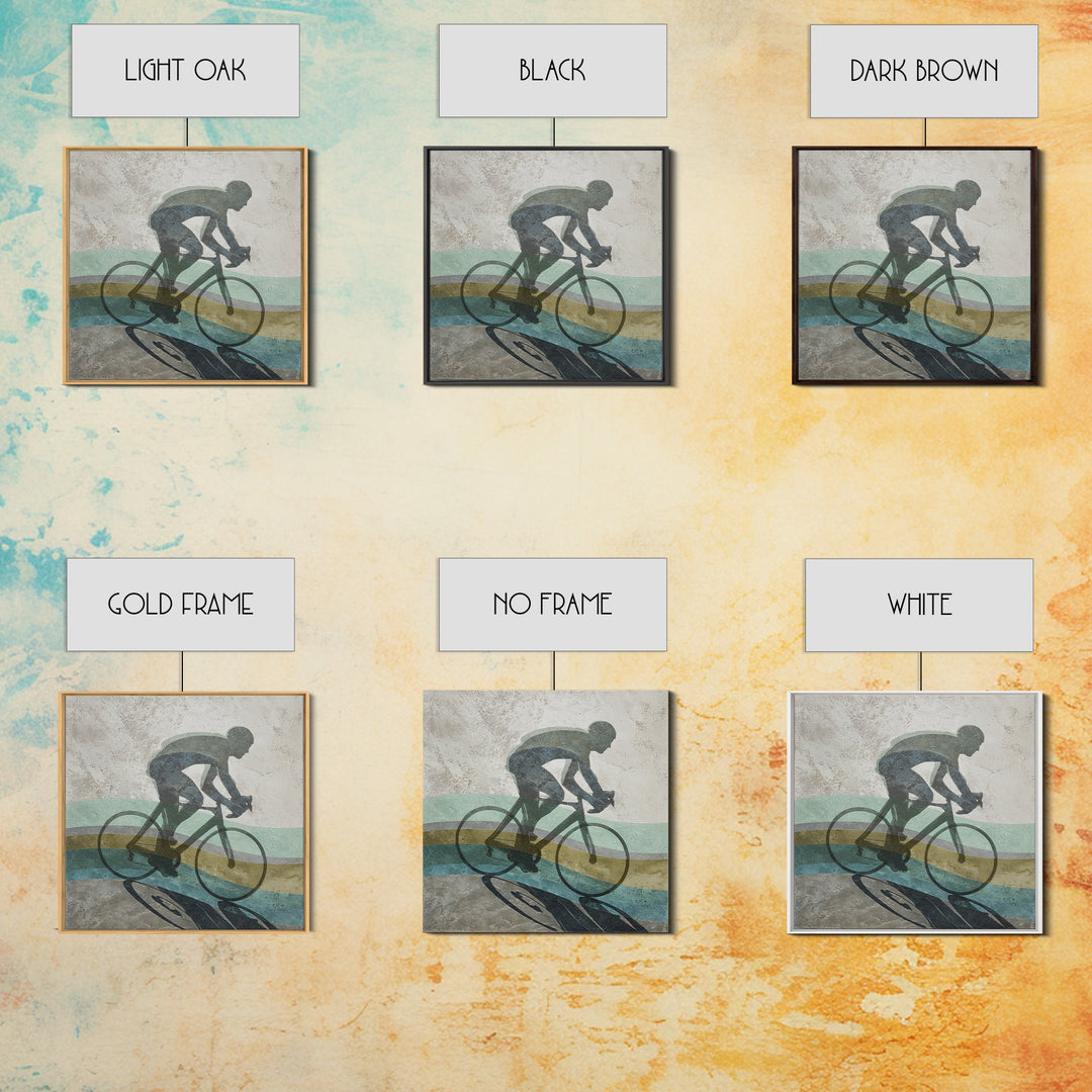 Cycling Figure in Bold Speed Lines Framed Canvas Print, Fitness Studio Art, Home Decor, Gym Decor, Oil Painting, Motion, FSA-1x1-80
