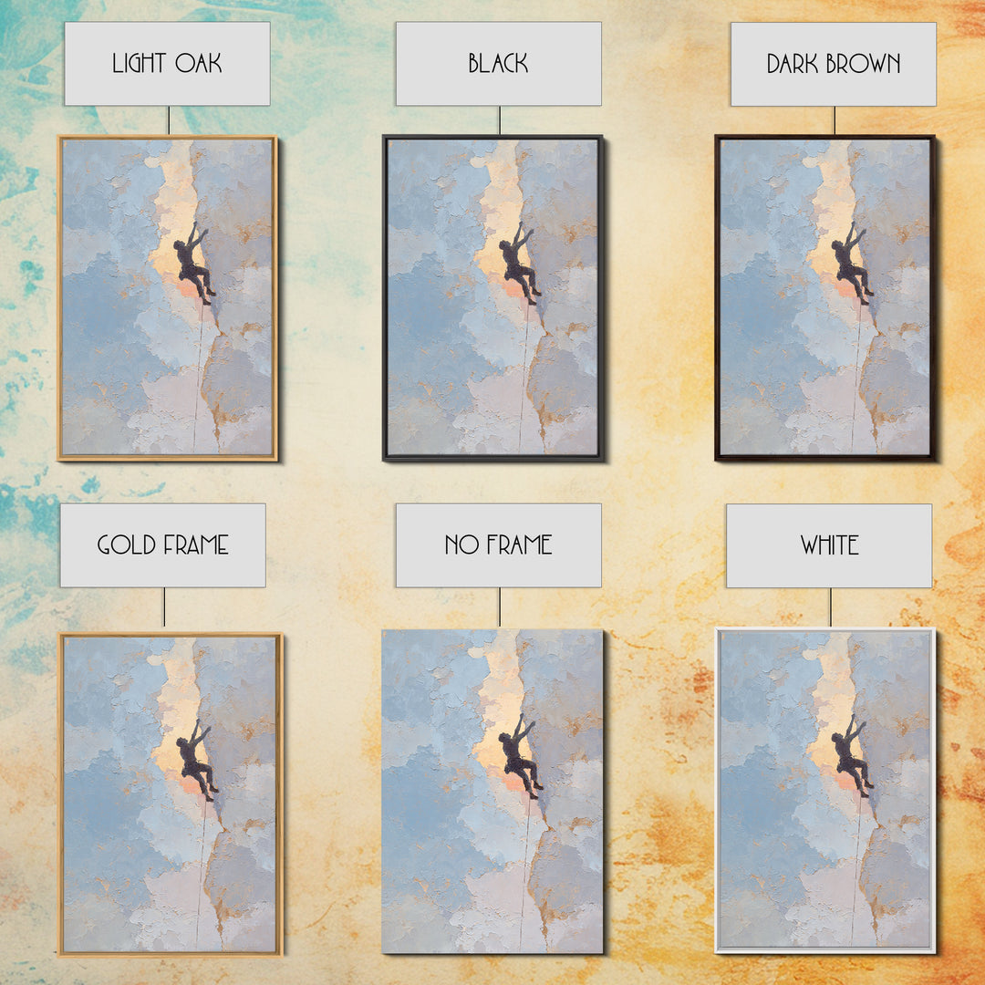 Rock Climber Reaching Toward Warm Light Framed Canvas Print, Fitness Studio Art, Physical Therapy Art, Gym Decor, Abstract Art, FSA-2x3-47