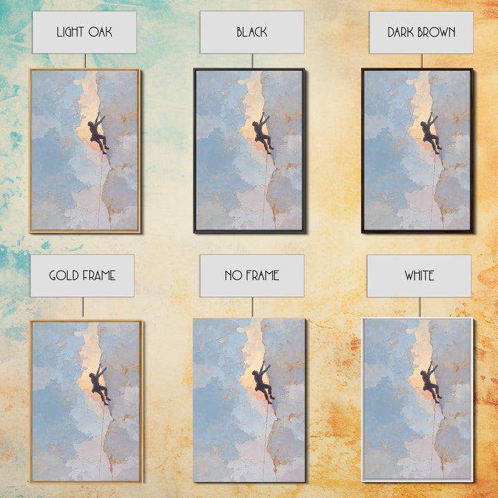 Rock Climber Reaching Toward Warm Light Framed Canvas Print, Fitness Studio Art, Physical Therapy Art, Gym Decor, Abstract Art, FSA-2x3-47