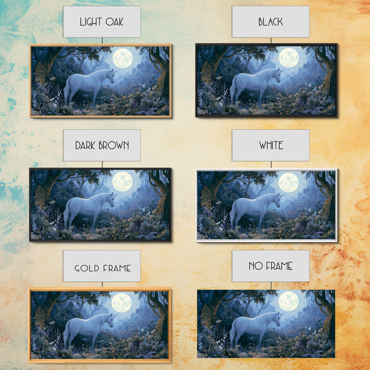 Unicorn in a Moonlit Meadow Framed Canvas Print, Fairy Tale Art, Minimalist Decor, Living Room Decor, Oil Painting, Storybook, FTA-2x1-6