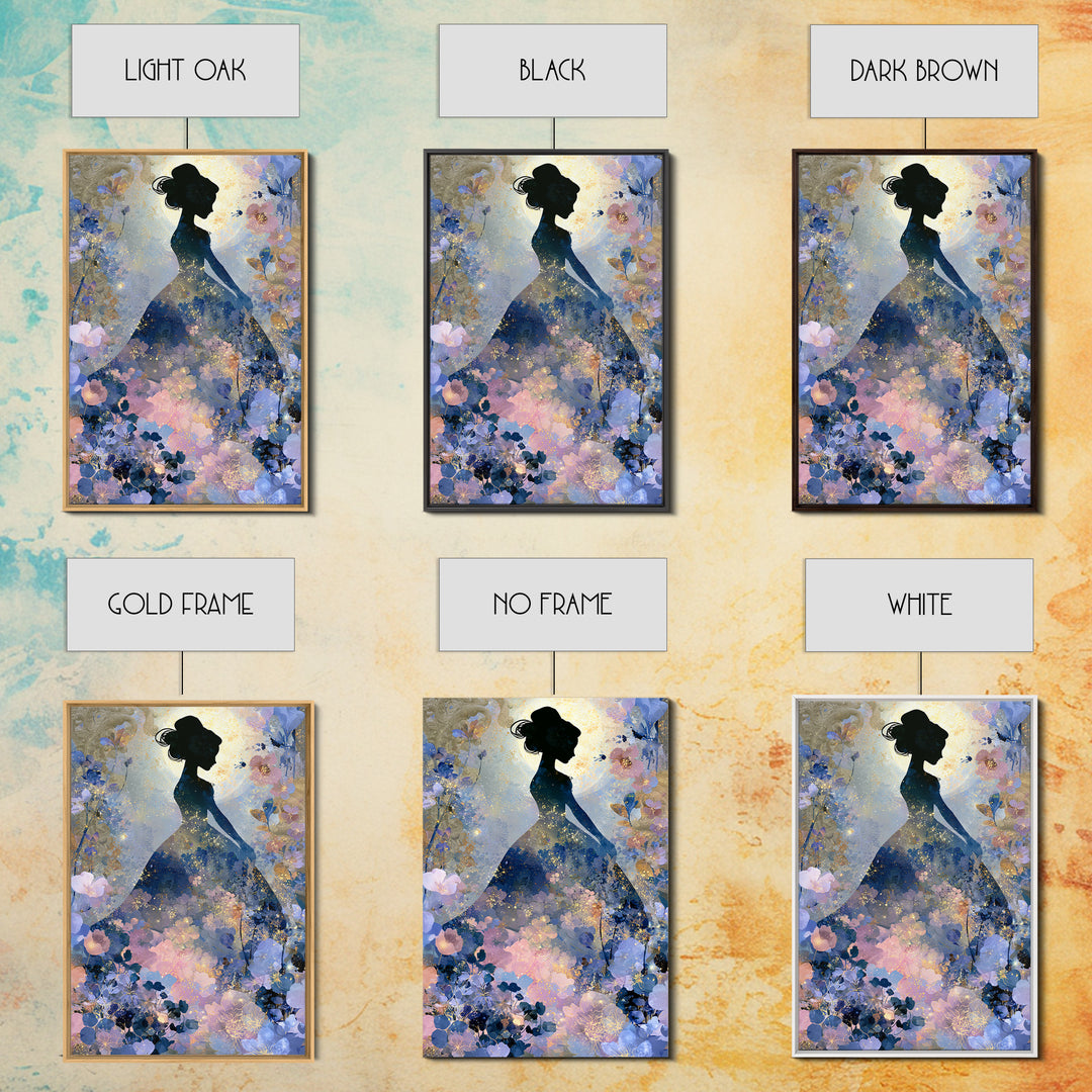 Princess Silhouette with Moonlit Garden Flowers Framed Canvas Print, Fairy Tale Art, Art Deco, Living Room Decor, Storybook, FTA-2x3-12