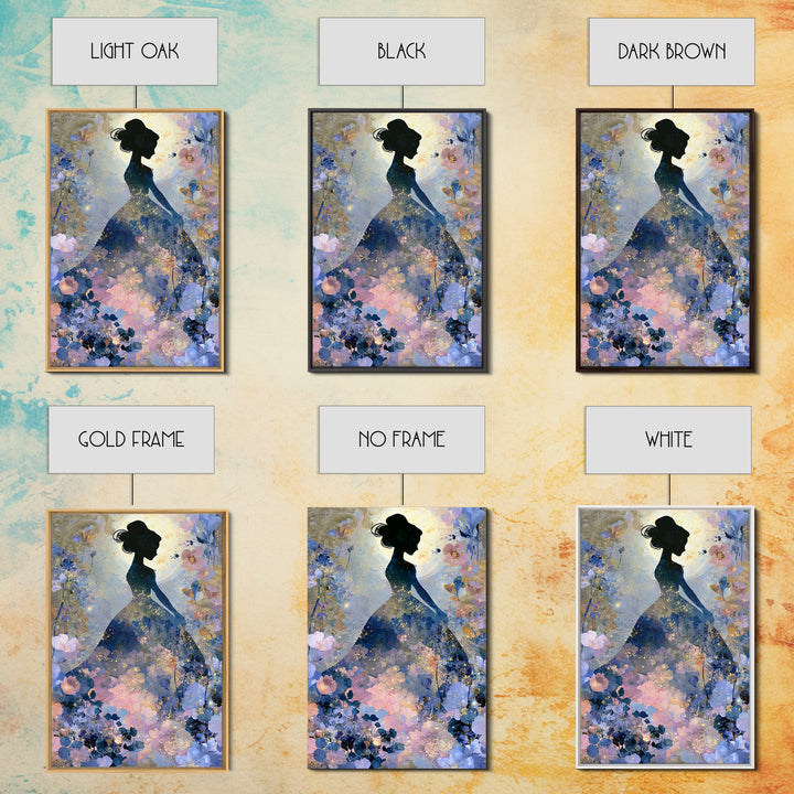 Princess Silhouette with Moonlit Garden Flowers Framed Canvas Print, Fairy Tale Art, Art Deco, Living Room Decor, Storybook, FTA-2x3-12