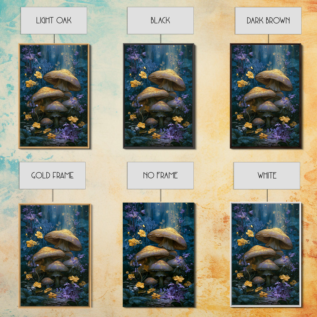 Fairy Ring of Mushrooms and Wildflowers Framed Canvas Print, Fairy Tale Art, Boho Wall Art, Living Room Decor, Watercolor Art, FTA-2x3-53